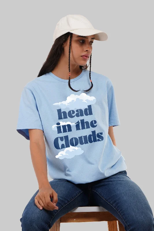 Head In The Clouds Powder Blue Boyfriend Fit T-Shirt Women Asymmetrical Pockets Print