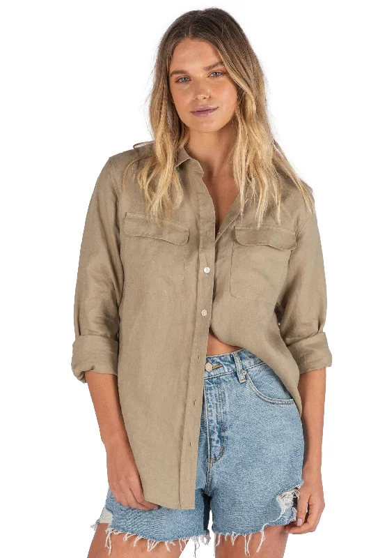 Lete-Linen Khaki Classic Linen Shirt With Pockets Denim Fabric Leather Fabric Suede Fabric