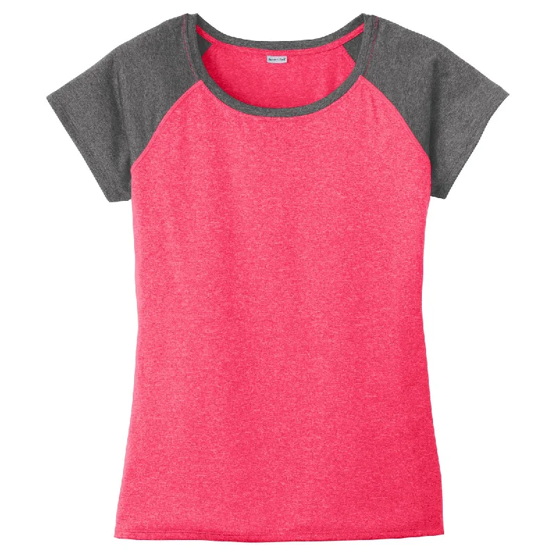 Sport-Tek Women's Pink Raspberry Heather-On-Heather Contender Scoop Neck Tee Polka Dot Checkered Tartan