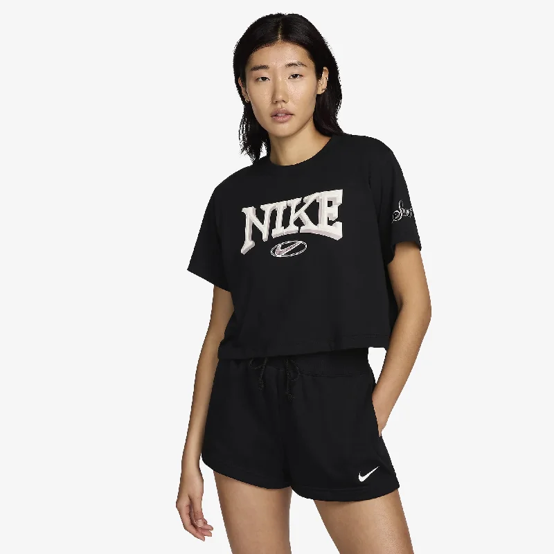 NIKE | WMN'S LOOSE SHORT-SLEEVE CROPPED T-SHIRT { BLACK Fleece Nylon Spandex