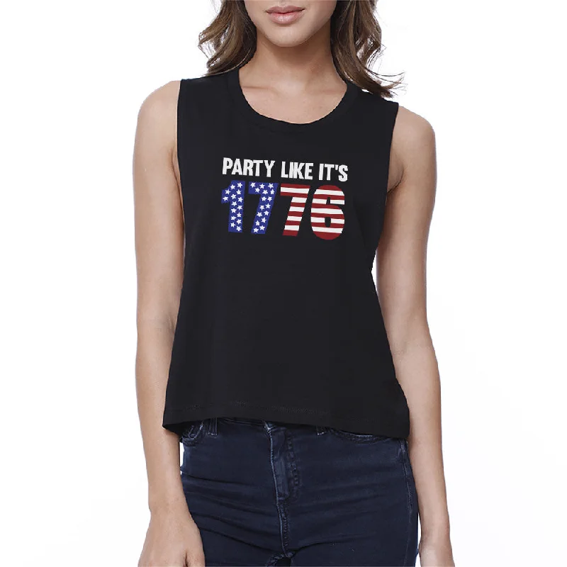 Party Like It's 1776 Women Black Sleeveless Crop Shirt Gift For Her Notch Collar Peter Pan Collar Cowl Neck