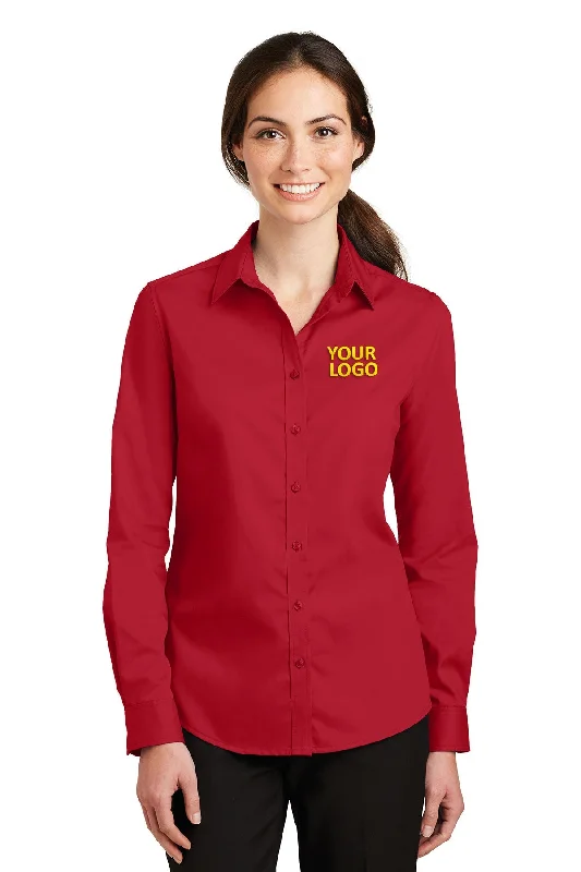 Port Authority Ladies SuperPro Custom Twill Shirts, Rich Red Spandex Blend Rayon Blend Denim Blend