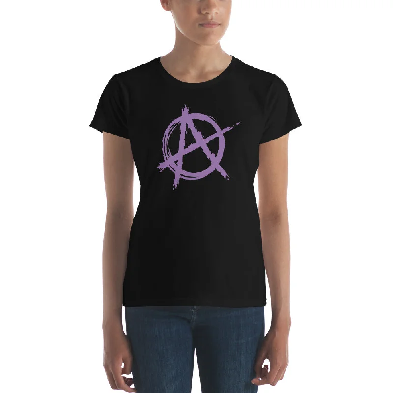 Purple Anarchy is Order Symbol Punk Rock Women's Short Sleeve Babydoll T-shirt Handmade Hand-knitted Hand-woven