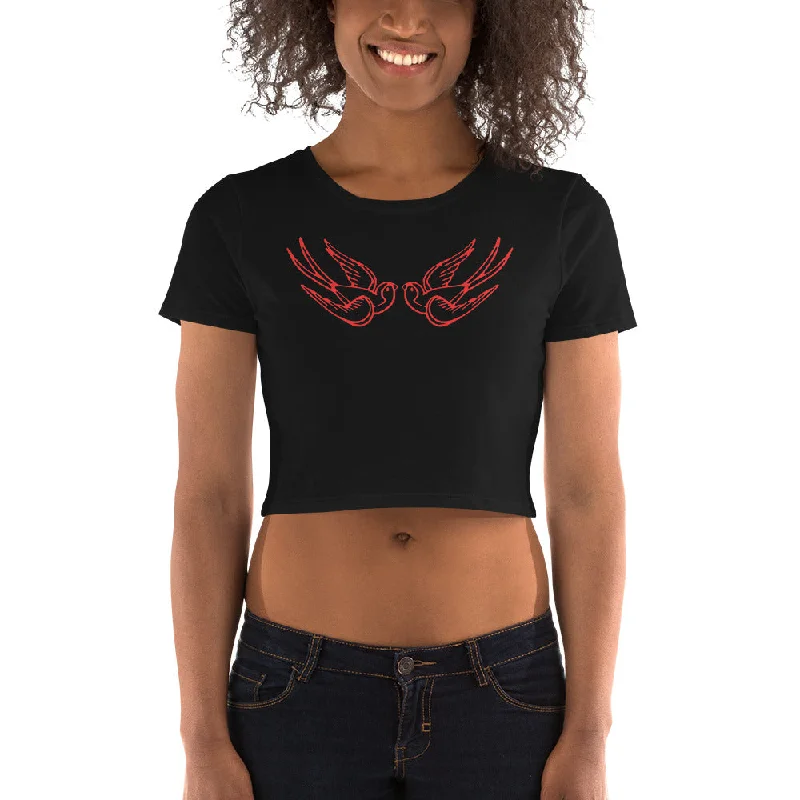 Red Falling Sparrows Tattoo Style Bird Women’s Crop Tee Spandex Blend Rayon Blend Denim Blend