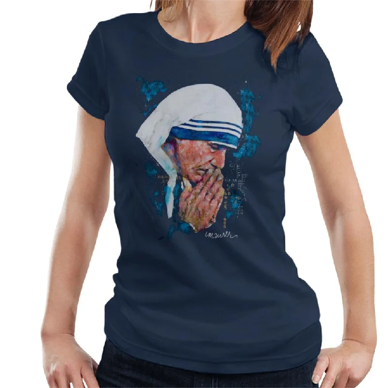 Sidney Maurer Original Portrait Of Mother Teresa Women's T-Shirt Notch Collar Peter Pan Collar Cowl Neck