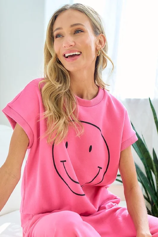 Smile T-Shirt Face Drop Shoulder Brushed Inside Zippered Front Buttoned Front Snap Front