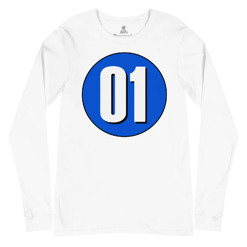 Unisex Long Sleeve Tee: White on Periwinkle 01 Collared Crew Neck Turtle Neck