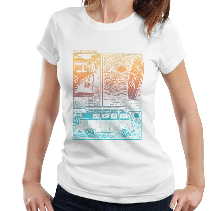 Volkswagen Beach Life Camper Sunset Doodle Women's T-Shirt Anti-Pilling Machine Wash Handmade